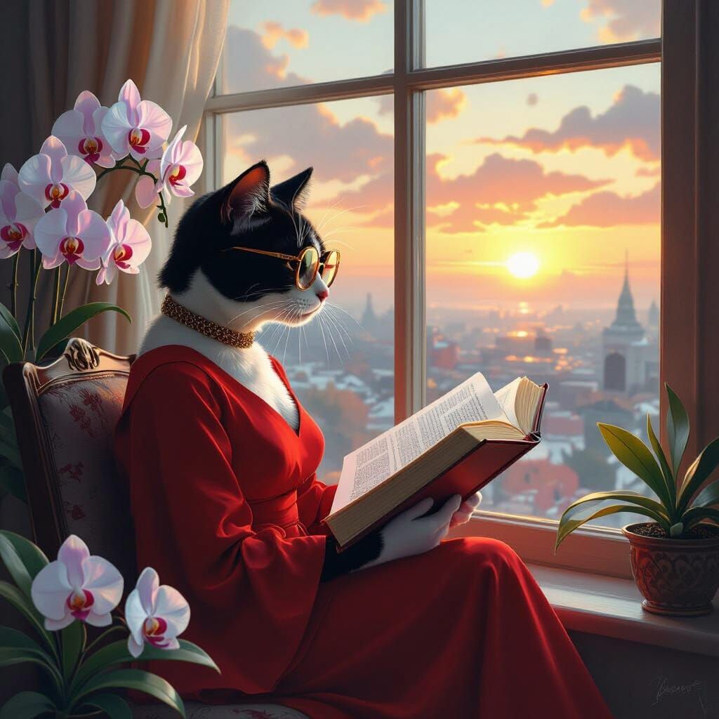 Cat in Dress Reads Bible at Sunrise, Whimsical Art