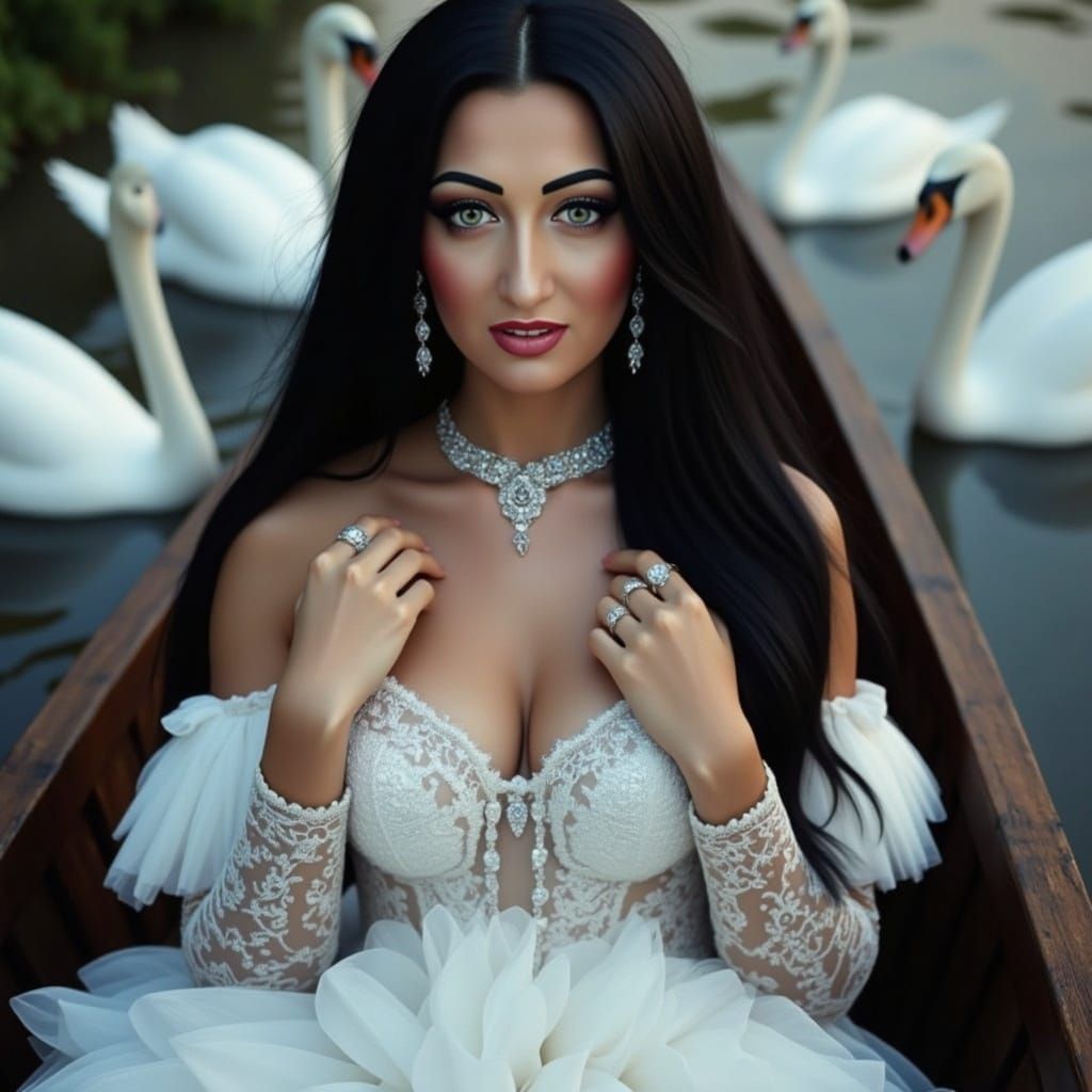 Elegant Gothic Woman in Luxury Dress, Surrounded by White Sw...