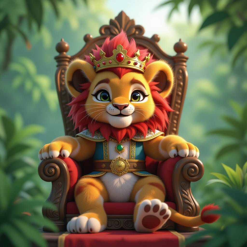 Lion Cub King on Jungle Throne: 3D Anime Art