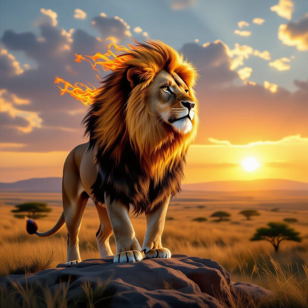 Fiery Lion Overlooking Savannah in Photorealistic Style