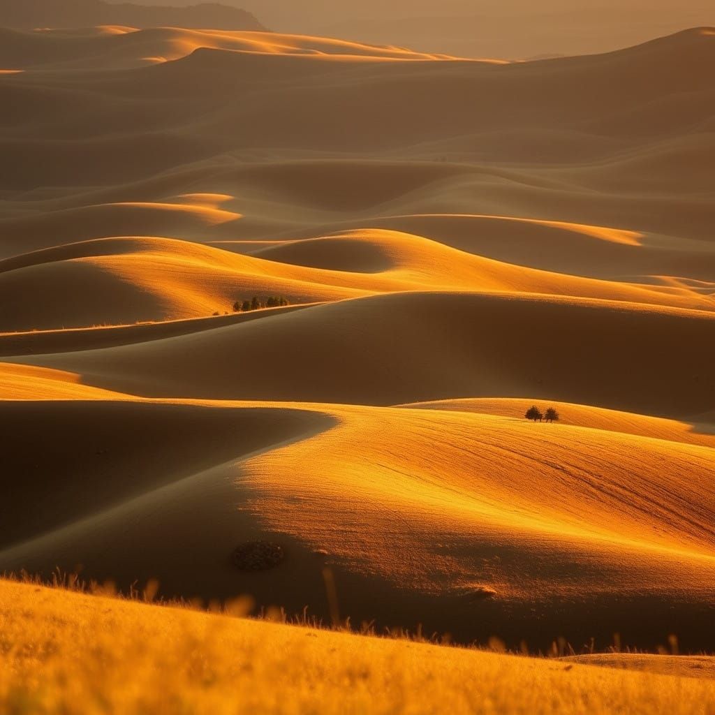 Warm Sunset Landscape with Rolling Hills in Earth Tones
