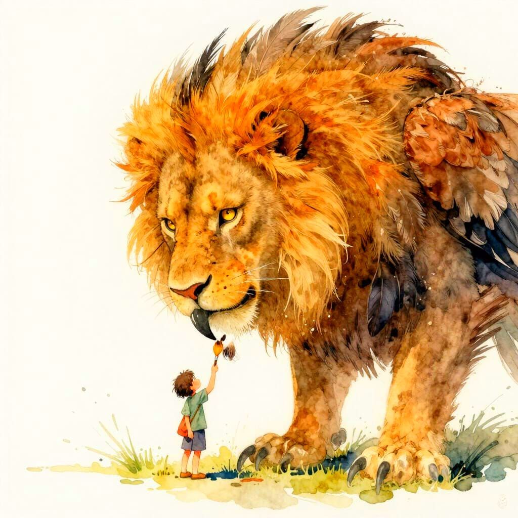 Majestic Griffin and Child in Watercolor Fantasy Art