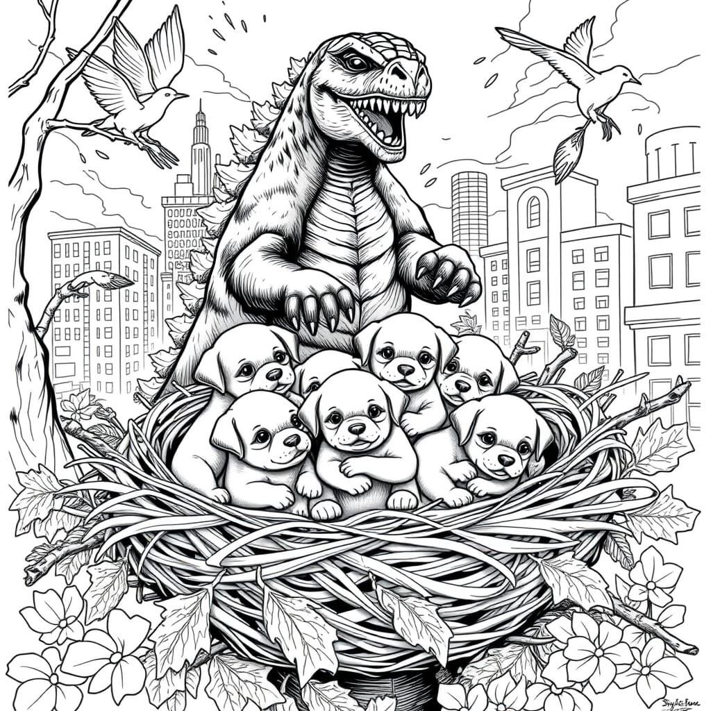 Ten baby puppies in one nest with golden birds breaking the ...