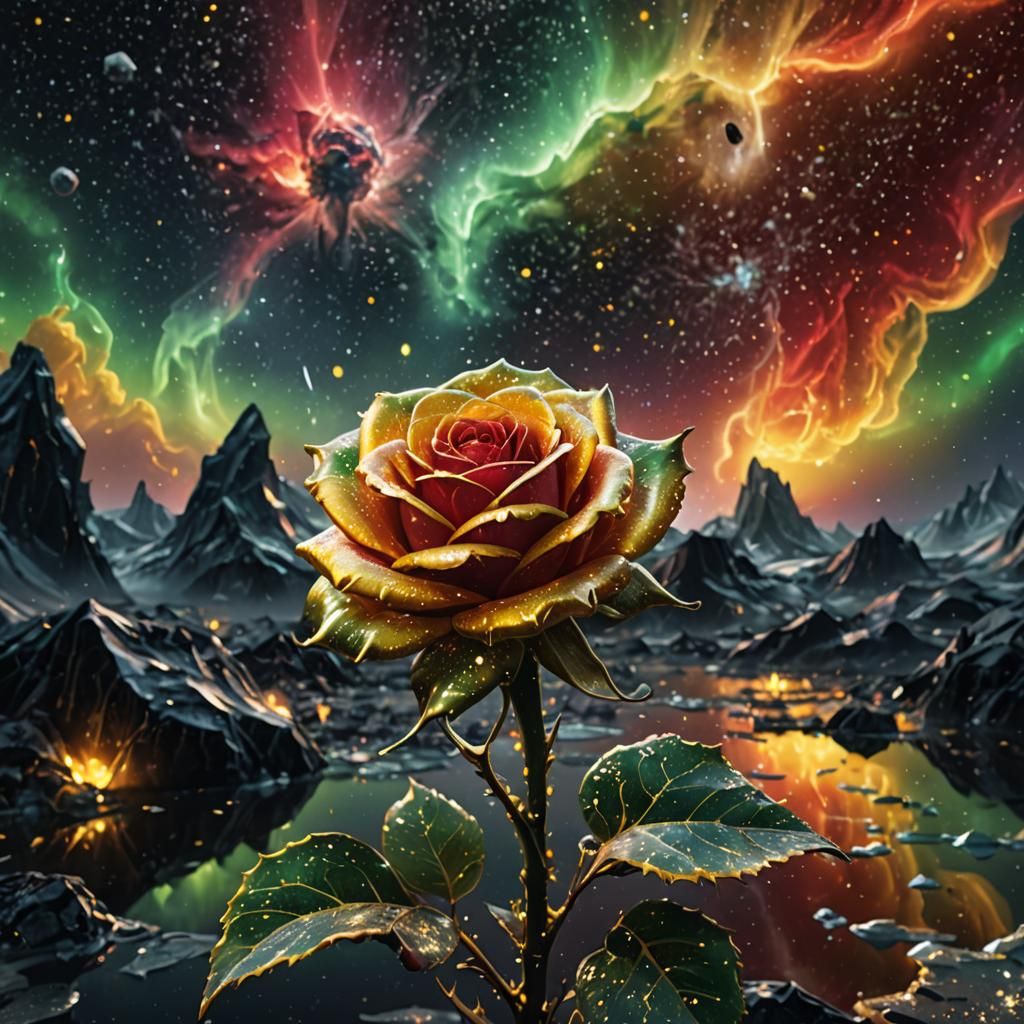 Golden Ice Rose Against Galaxy Sky