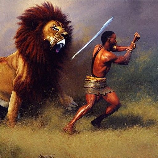 African Warrior Engaged in Lion Battle as Oil Painting