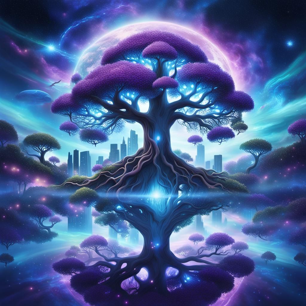Tree of Life in Futuristic Cityscape