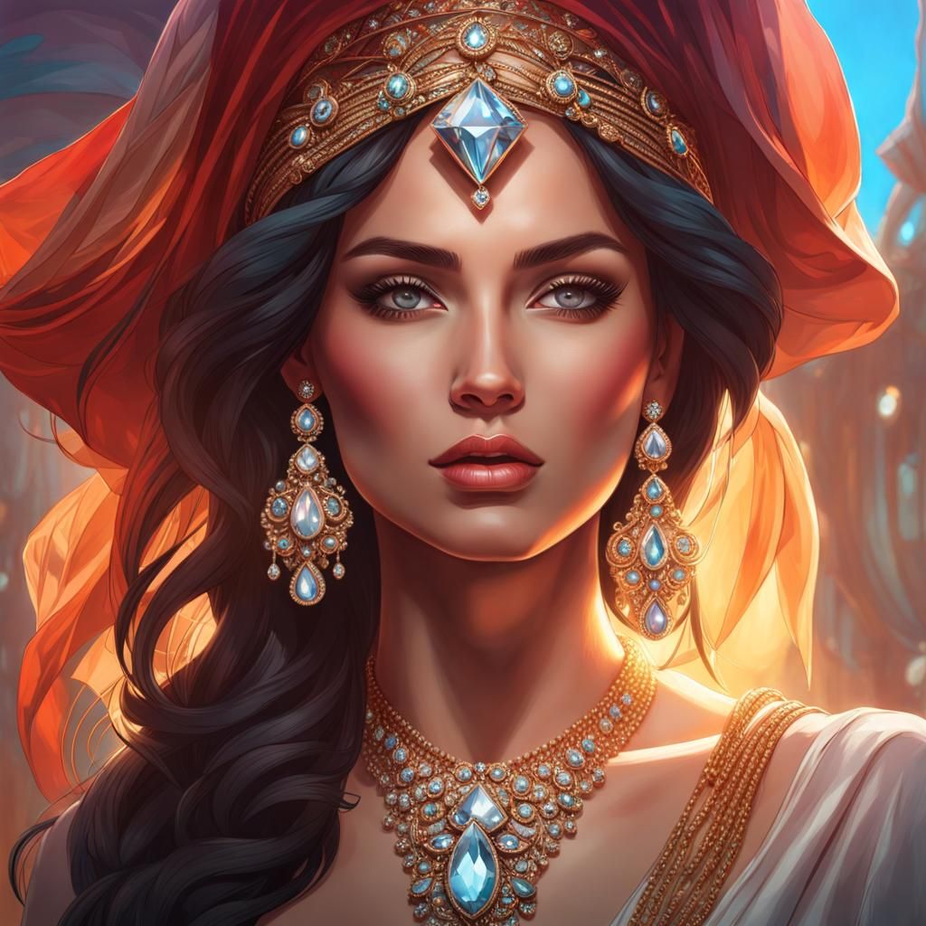 Luxurious Diamond Encrusted Portrait in Vibrant Triadic Colo...