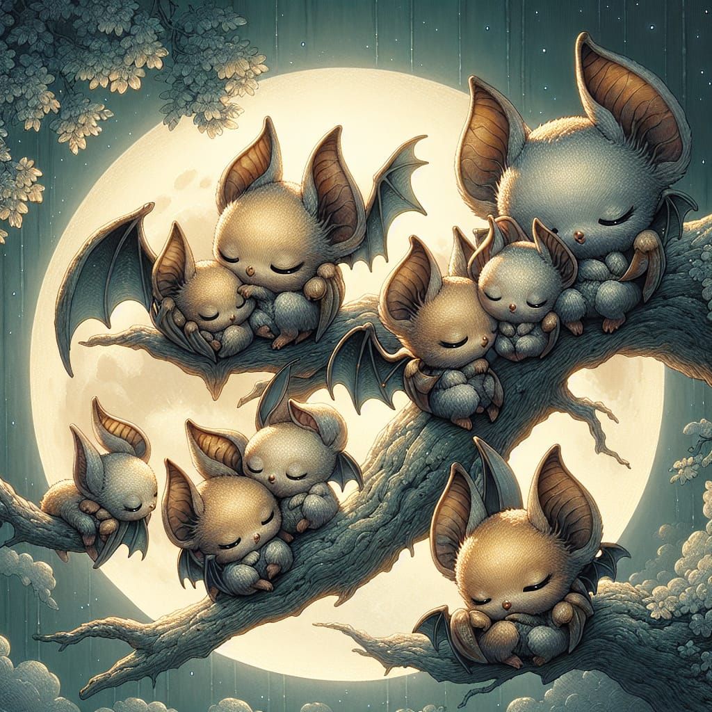 Chibi Bats Sleeping Peacefully in Moonlight