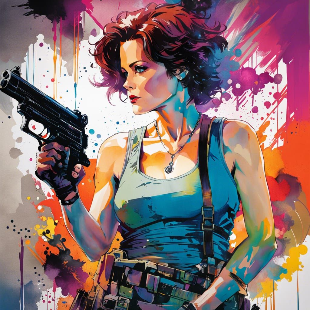 Anime Ink Portrait of Armed Woman in Vivid Colors