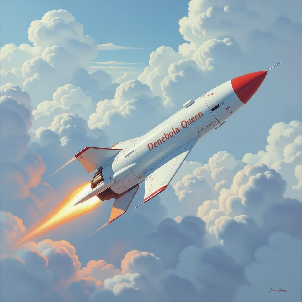 Elegant Rocket Ship Soars Through Milky Clouds