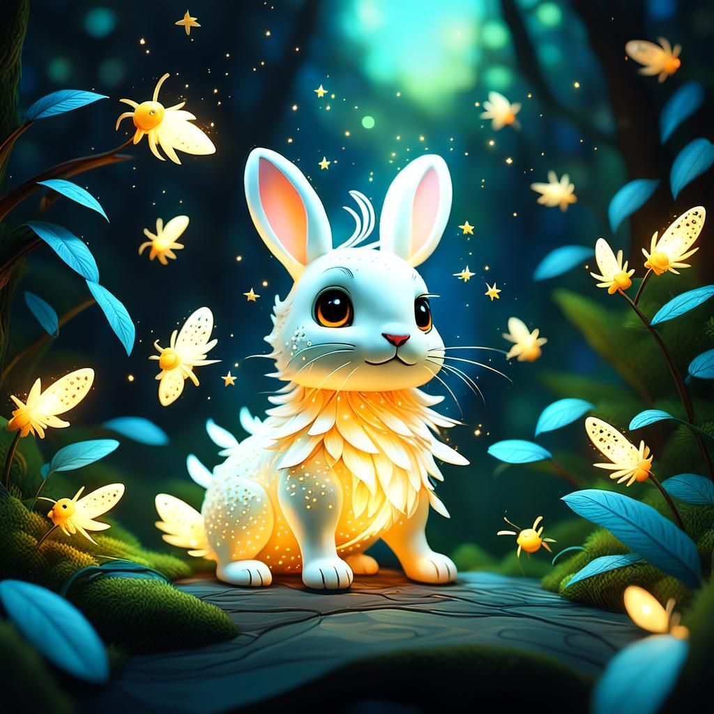 Whimsical Folk Art: Fireflies and Rabbits in Jungle