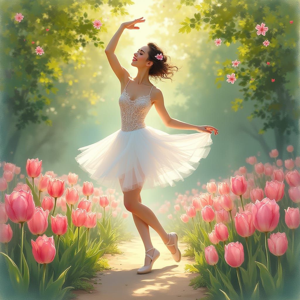 Ballet Dancer in a Vibrant Tulip Garden, in Impressionist St...