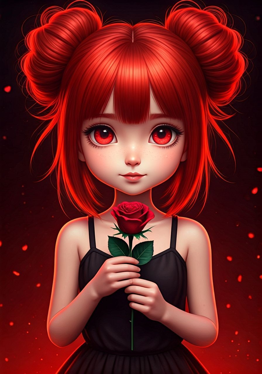 Kawaii Girl with Red Hair and Glowing Eyes Holding Rose