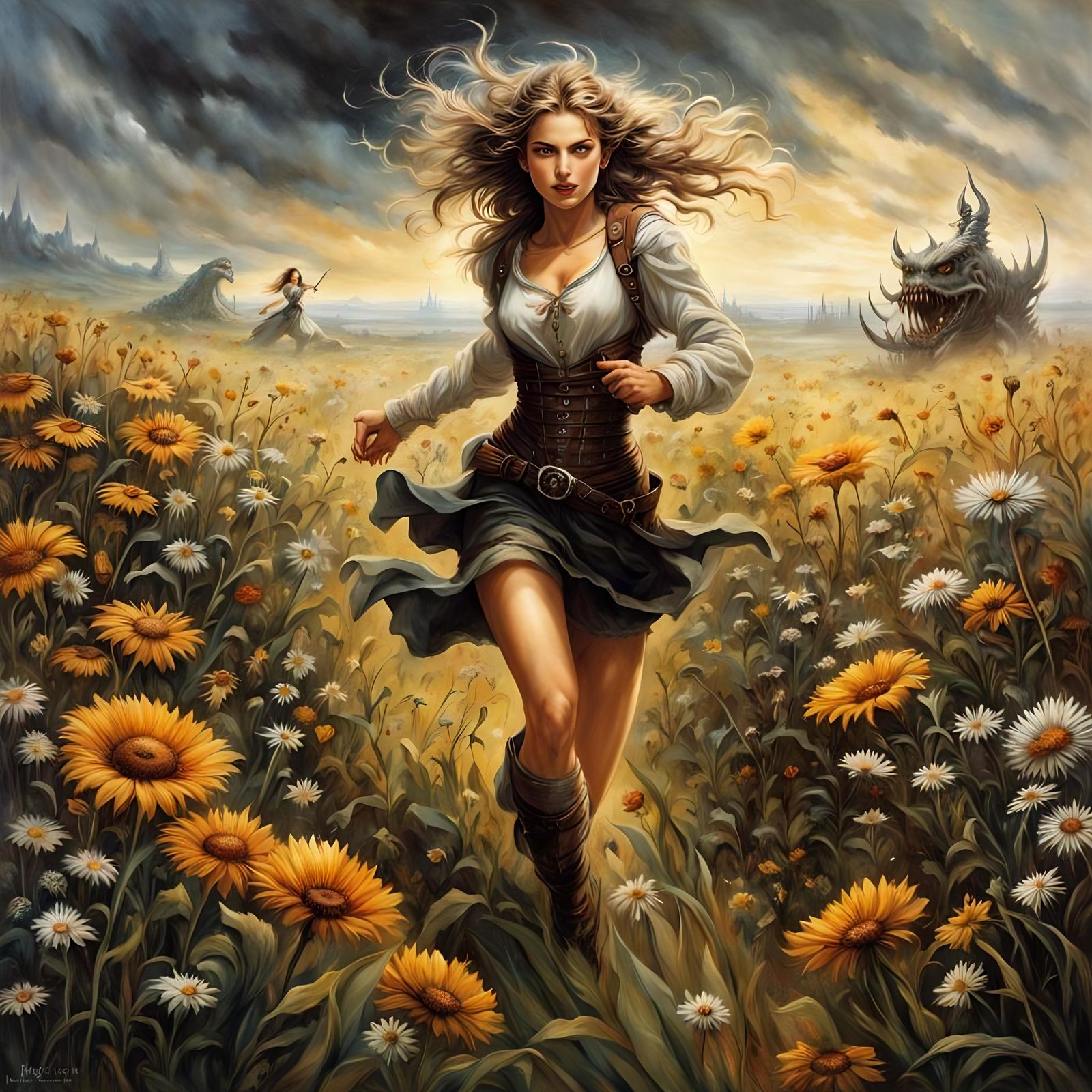 Girl Running From Monster in Flower Field