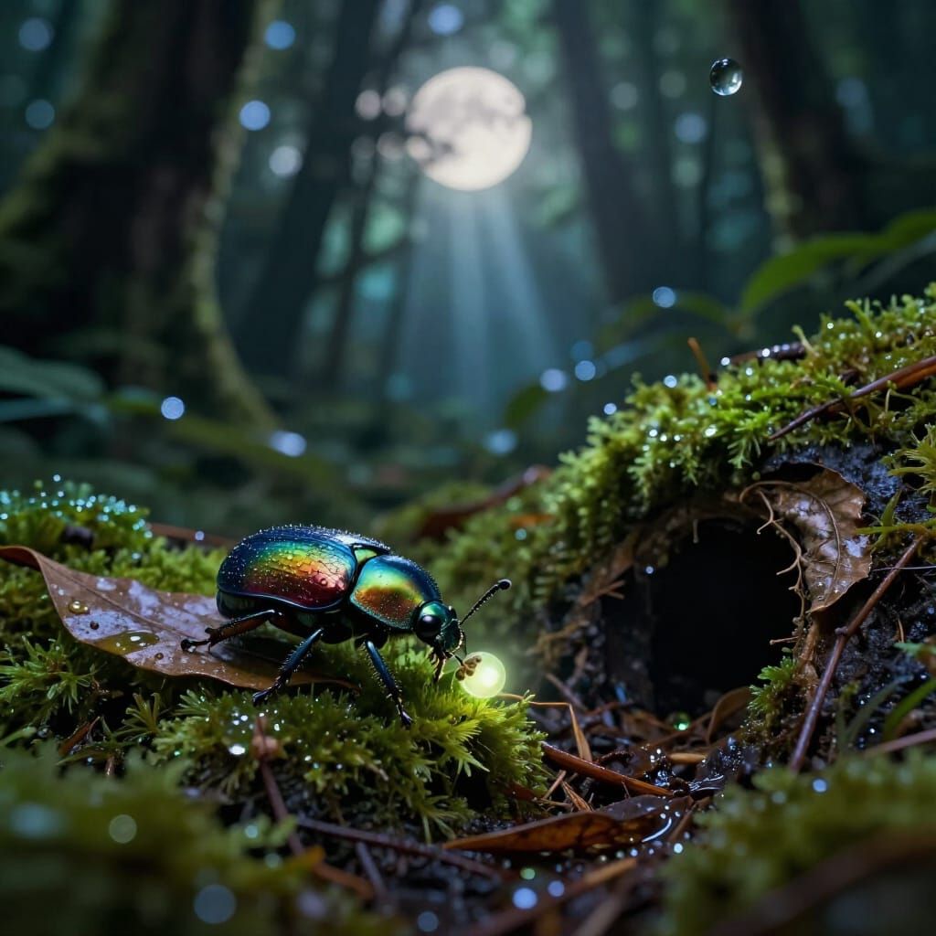 Bioluminescent Beetle Navigates Twilight Jungle Floor