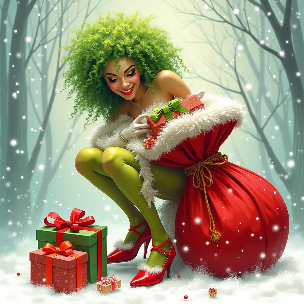 Whimsical Lady Grinch Steals Christmas with Curly Green Hair...