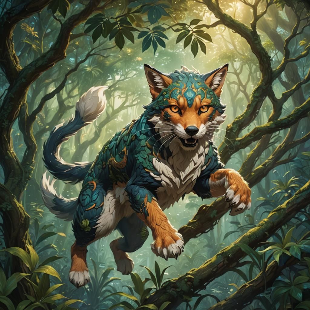Kitsune Leaps Through Enchanted Jungle, Fantasy Art