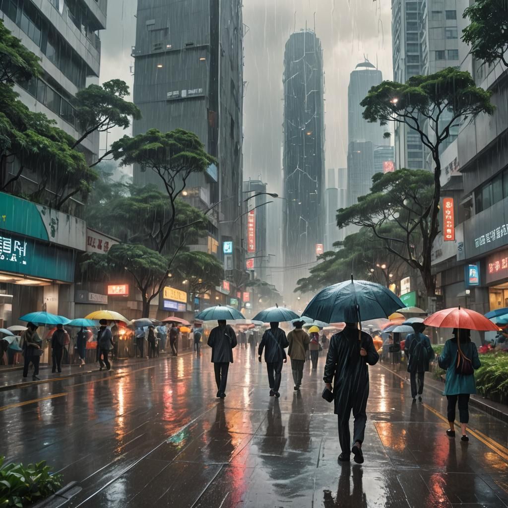 Rainy Hong Kong Skyline with Lightning