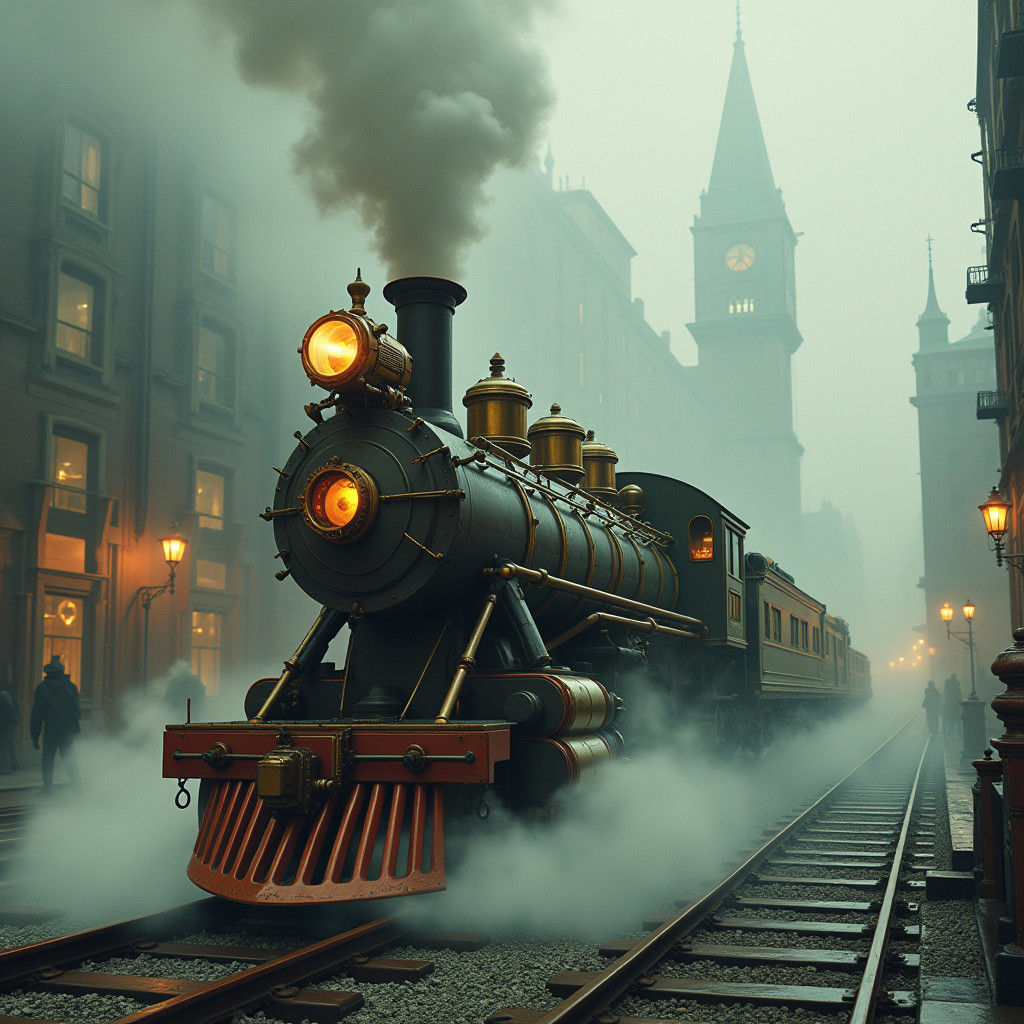Detailed Steampunk Train Amidst Gothic Cityscape