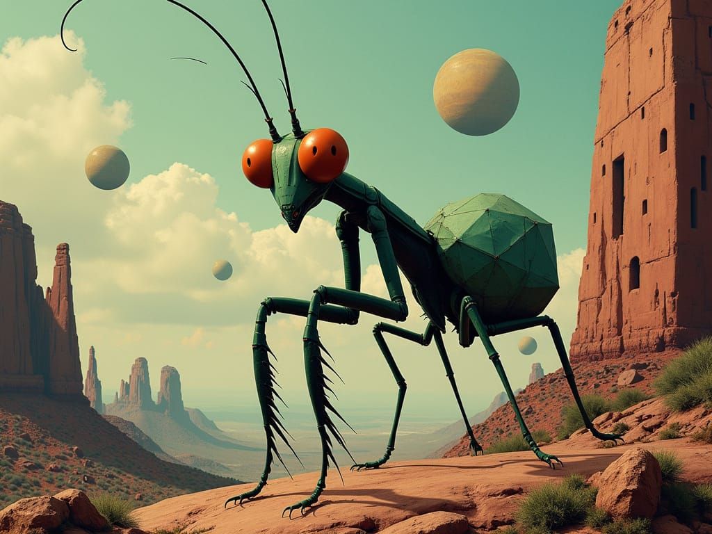 Derpy Praying Mantis in Retro-Futuristic Cubist Landscape