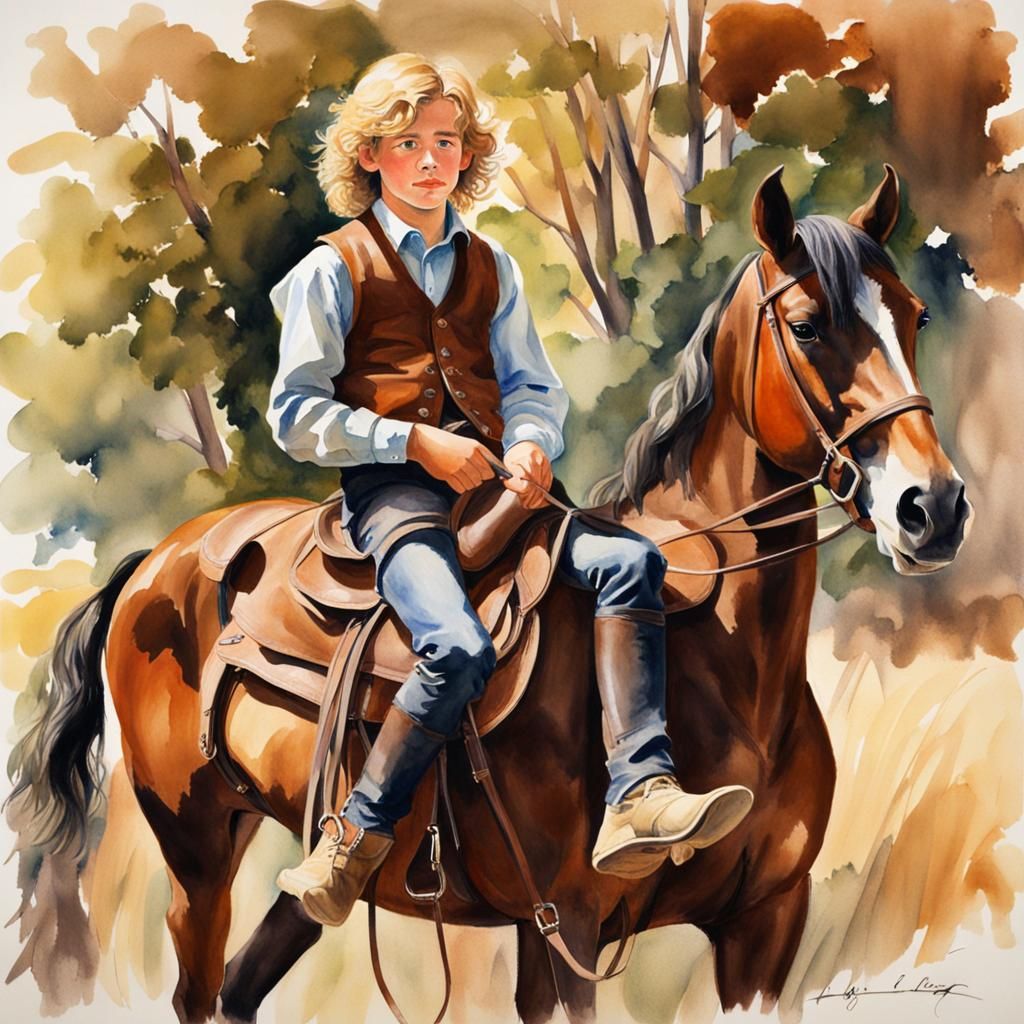 Teenage Boy on Horse in Watercolor Style