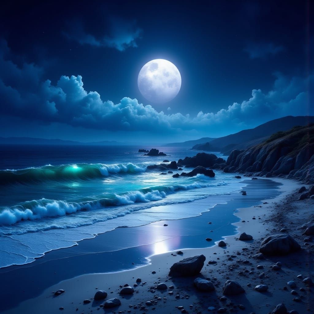 <lora:Flux - Painterly:1.0> <lora:Ethereal Magic Flux:1.0> A hyperdetailed night time coastal scene where bioluminescent...