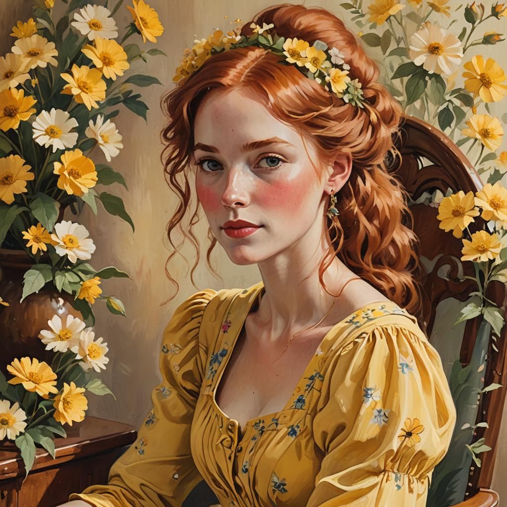 Redhead in Yellow Dress: Whimsical Folk Art Portrait