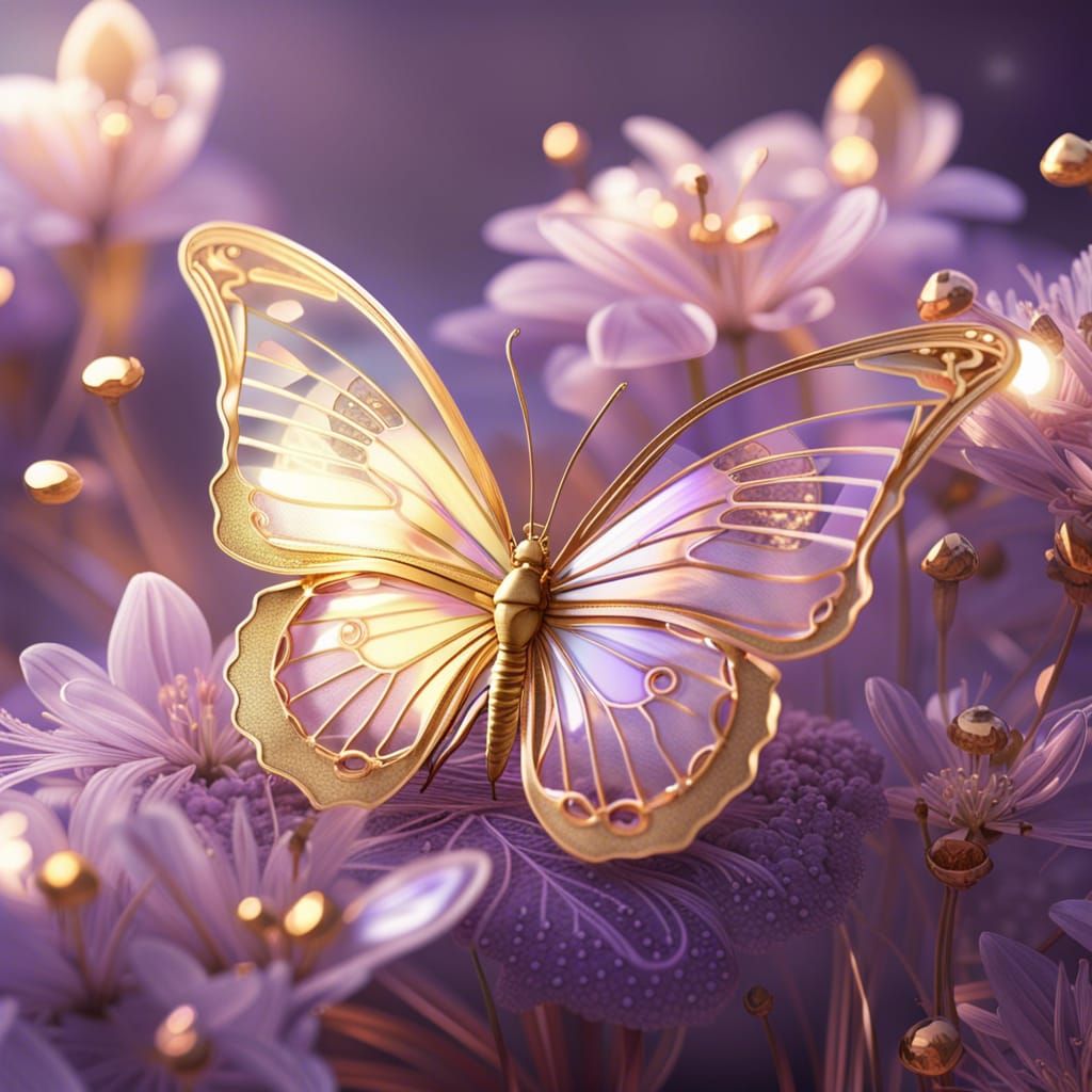 Translucent Butterfly with Gold, Hyperdetailed 8K Art