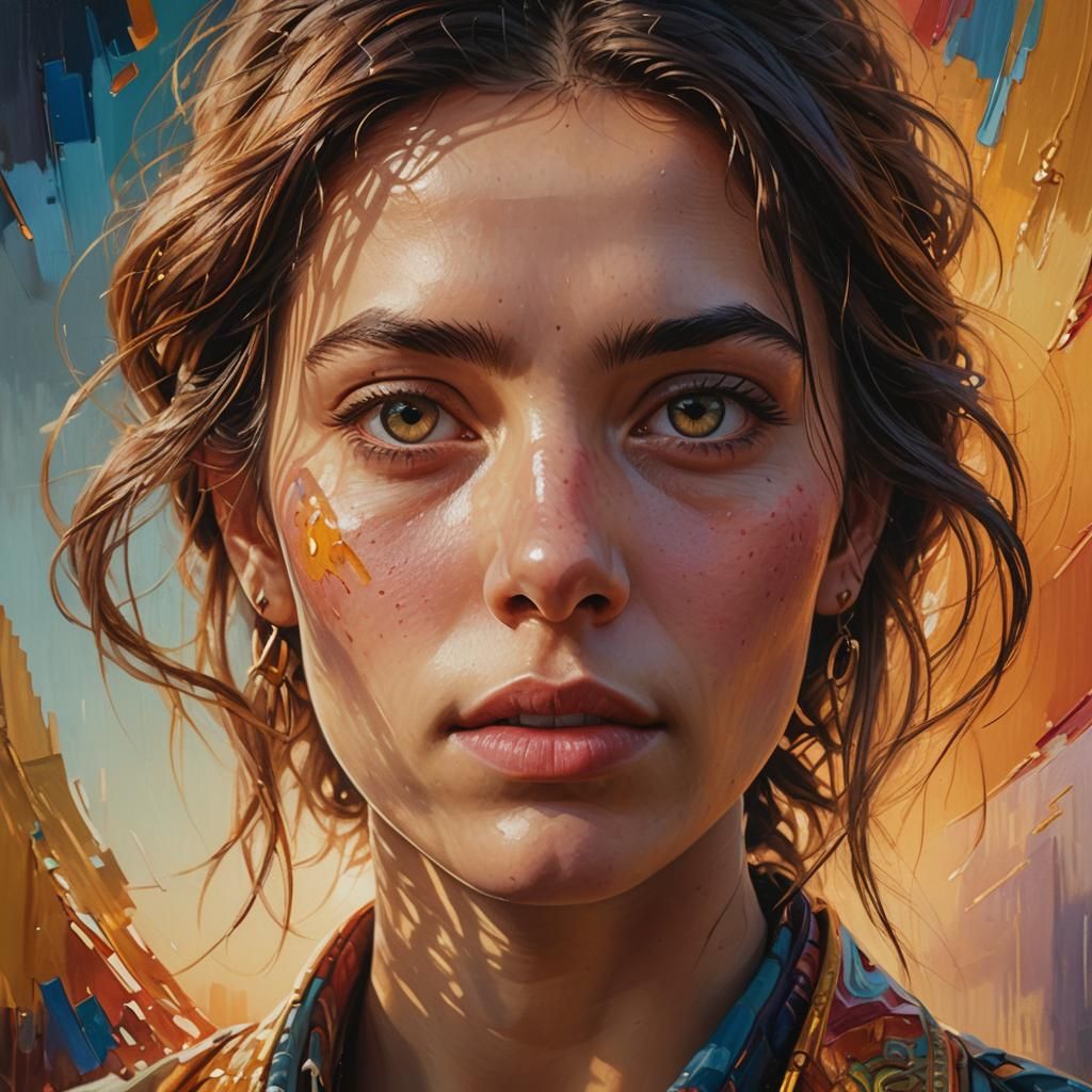 Intense Gaze: Hyperrealistic Oil Painting in Triadic Colors