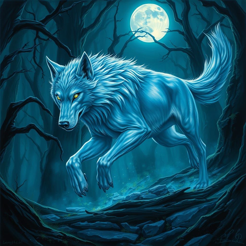 Majestic Silvery Werewolf in a Midnight Forest