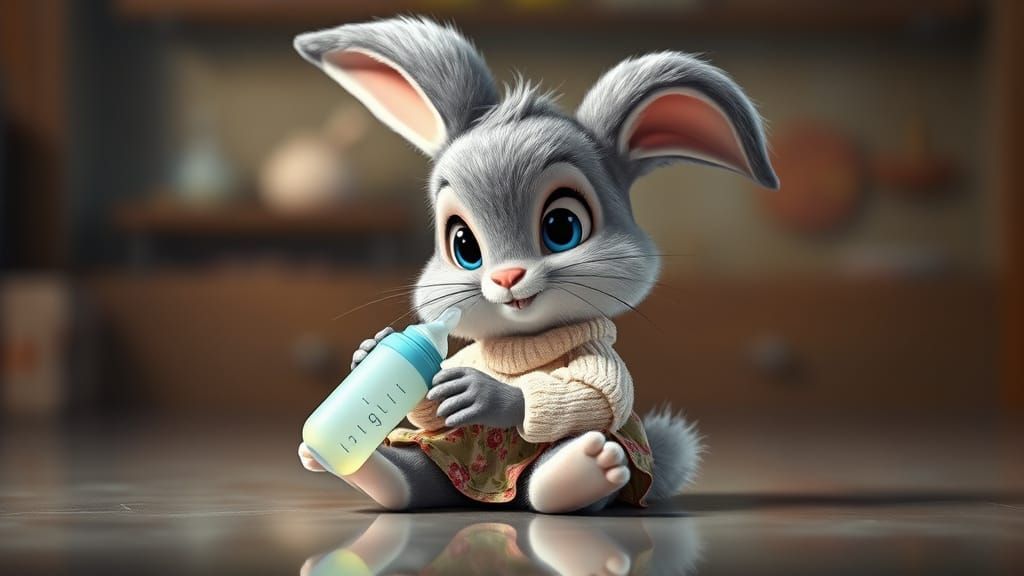 Cute Baby Bunny in Floral Dress Holding Bottle