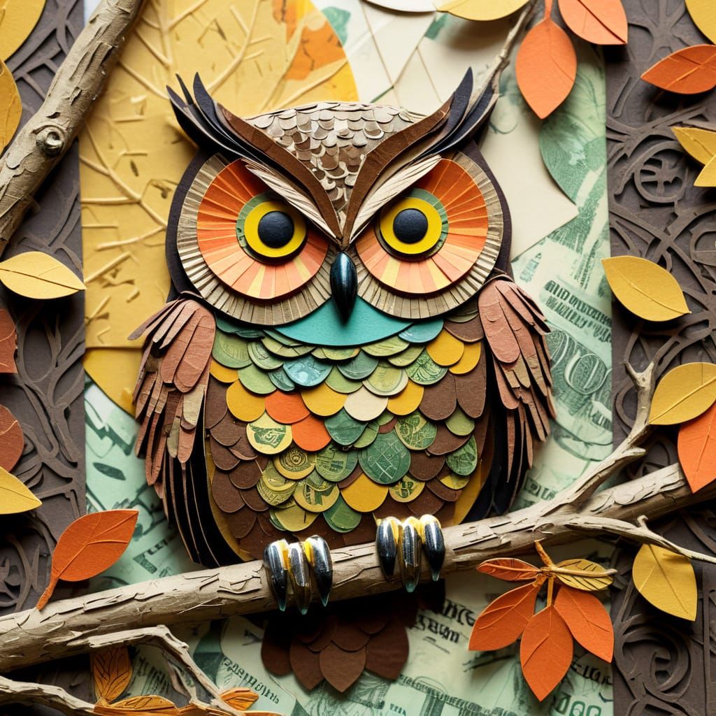 Autumn Owl Collage in Mixed Media Style
