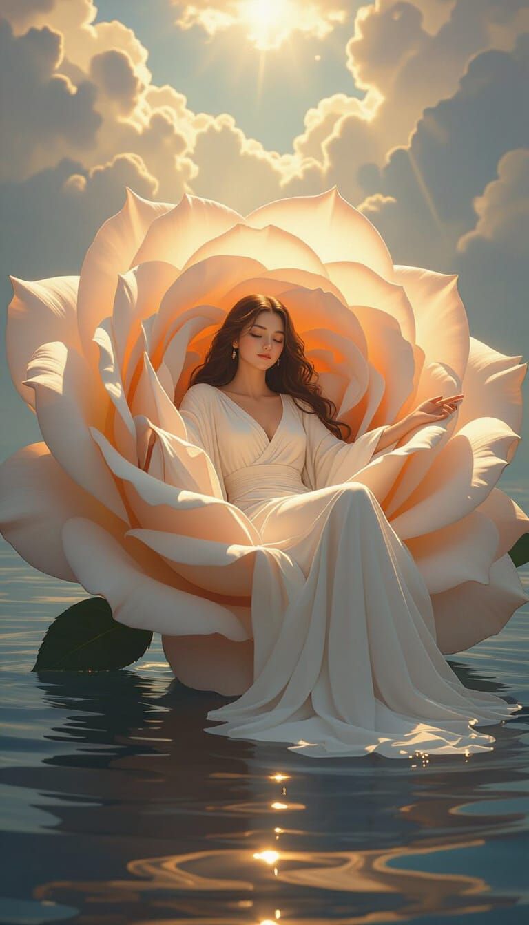 Divine Feminine Figure in Giant Rose, Digital Art