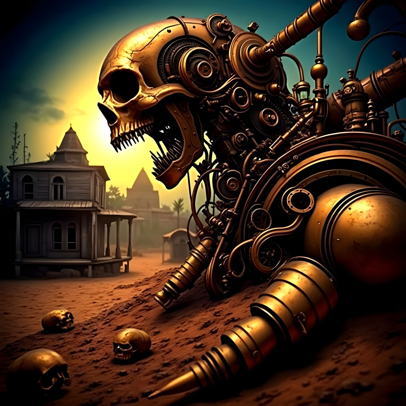 Steampunk Mechanical Skull in Desert Landscape