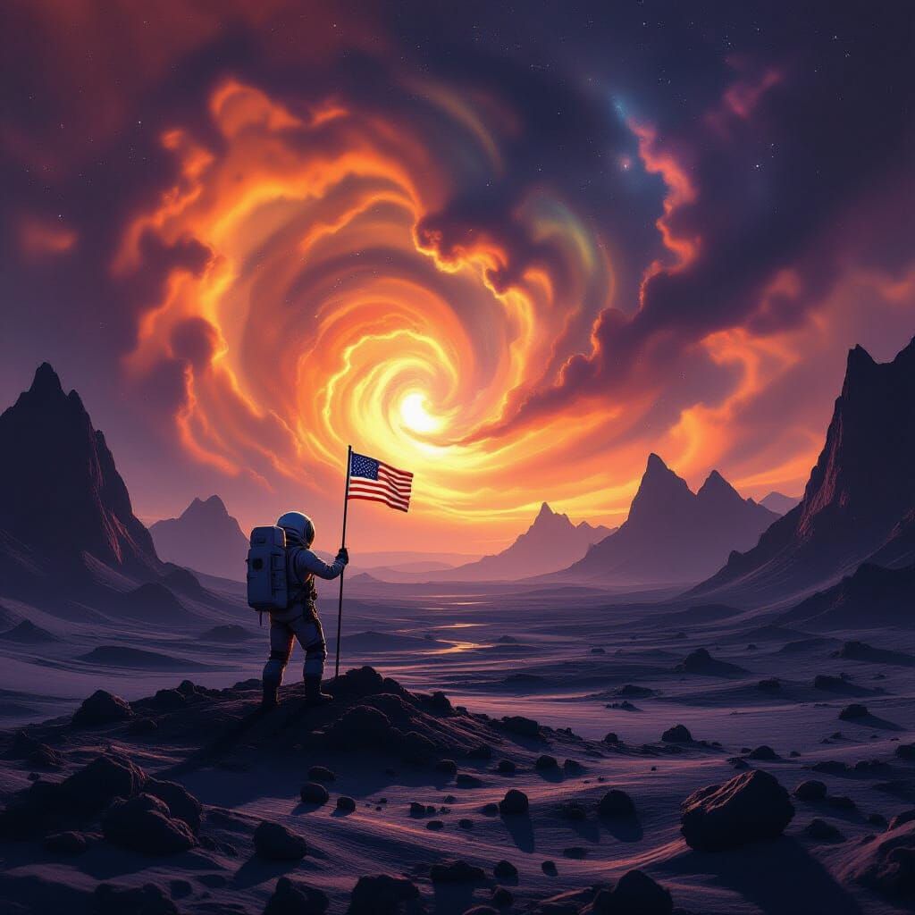 Astronaut Plants Flag on Alien World Amidst Cosmic Nebula