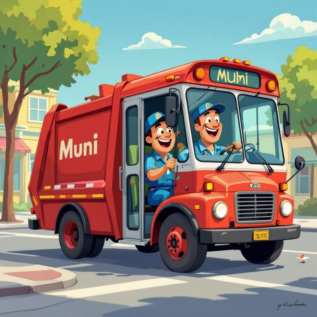 Happy Cartoon Garbage Man Drives Muni Bus in 1950s Style