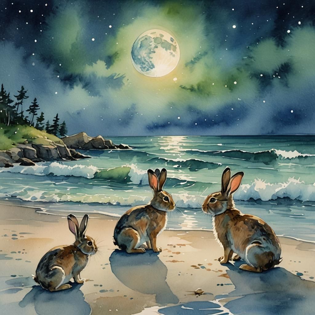 Watercolor Rabbits Foraging on Moonlit Beach