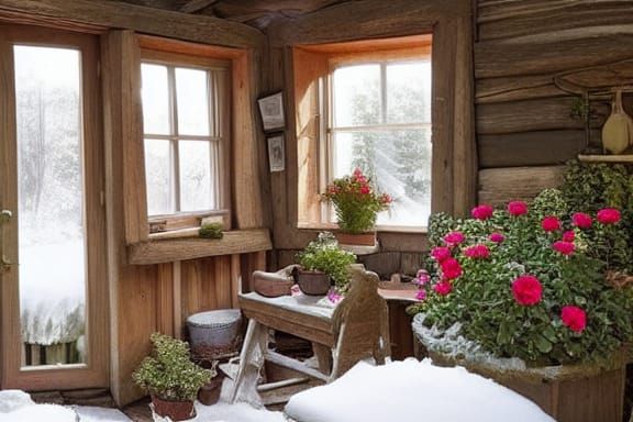 Rustic Winter Garden Interior in Country Cottage