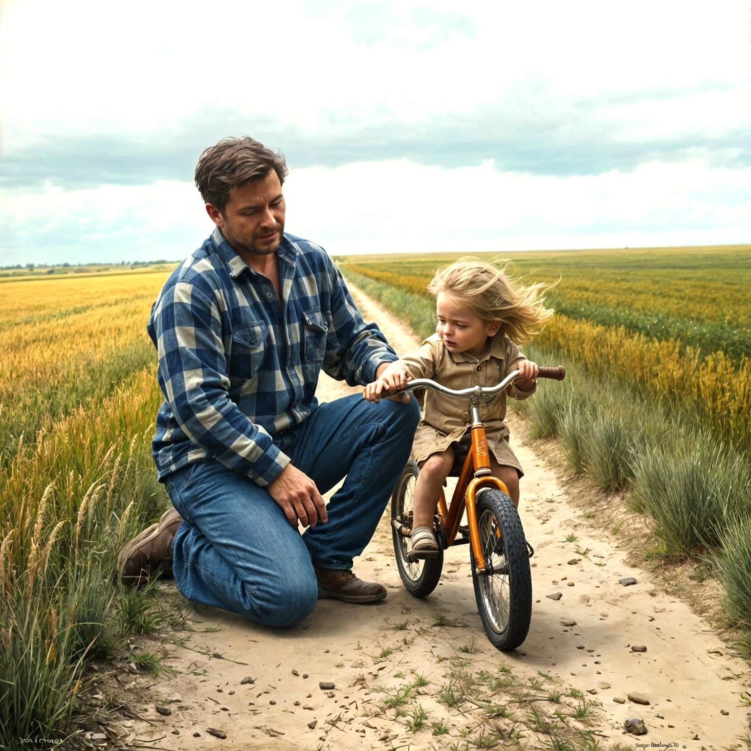 Father and Child in Rural Field, Fine Brushwork