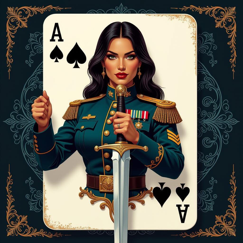 Hispanic Woman Warrior with Sword as Nine of Spades
