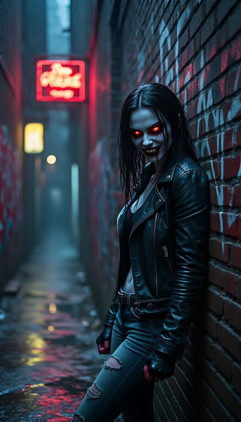 Rebellious Vampire Leans Against Graffiti Wall in Neon Alley