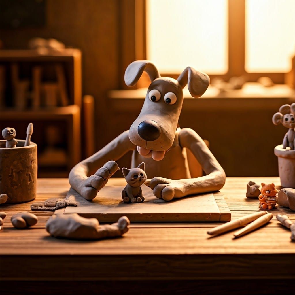 Whimsical Claymation Dog Crafts Miniature Cat Scene