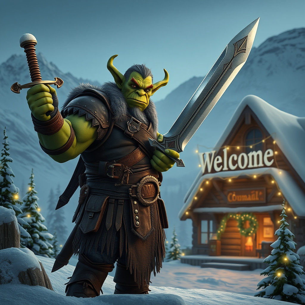 Heroic Orc Guarding Cabin in Snowy Mountains