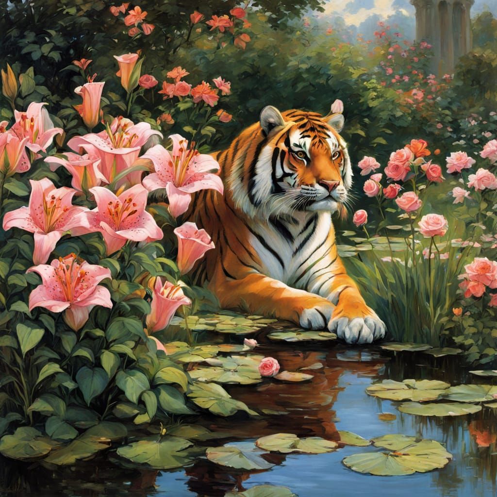 Anime Garden with Tiger Lilies in Waterhouse Style
