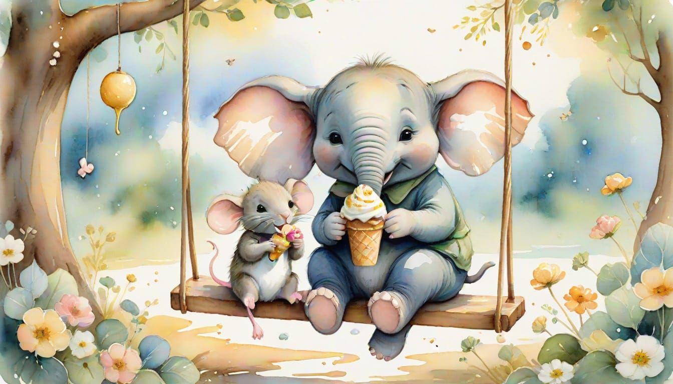 Mouse and Elephant Friends Enjoying Ice Cream in Whimsical W...