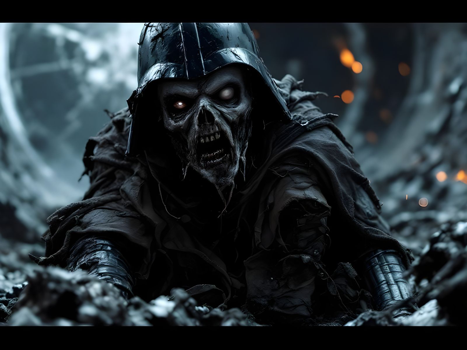 Hyperrealistic Zombie Darth Vader in Ruined Death Star