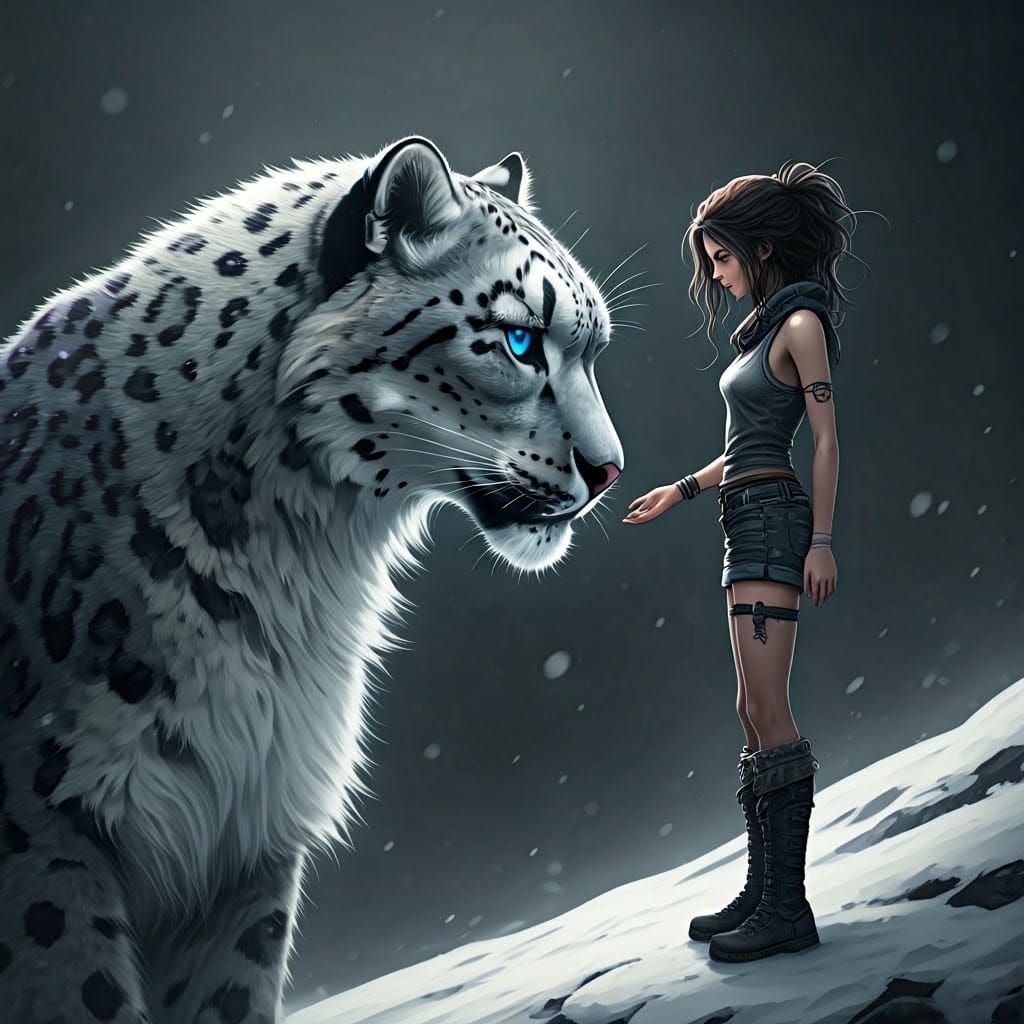 Monochromatic Woman Touches Snow Leopard in Winter