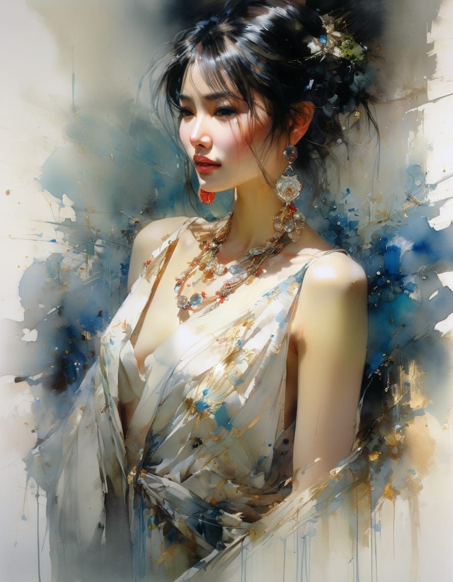 Beautiful Asian Woman Portrait in Watercolor Style