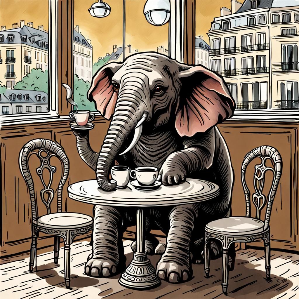 Alien Elephant Drinks Tea in Paris