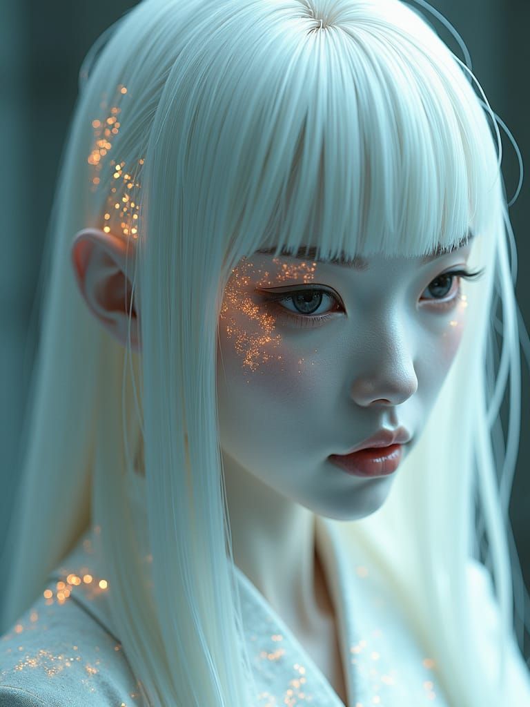 Android Geisha Portrait in Futuristic Repair Shop